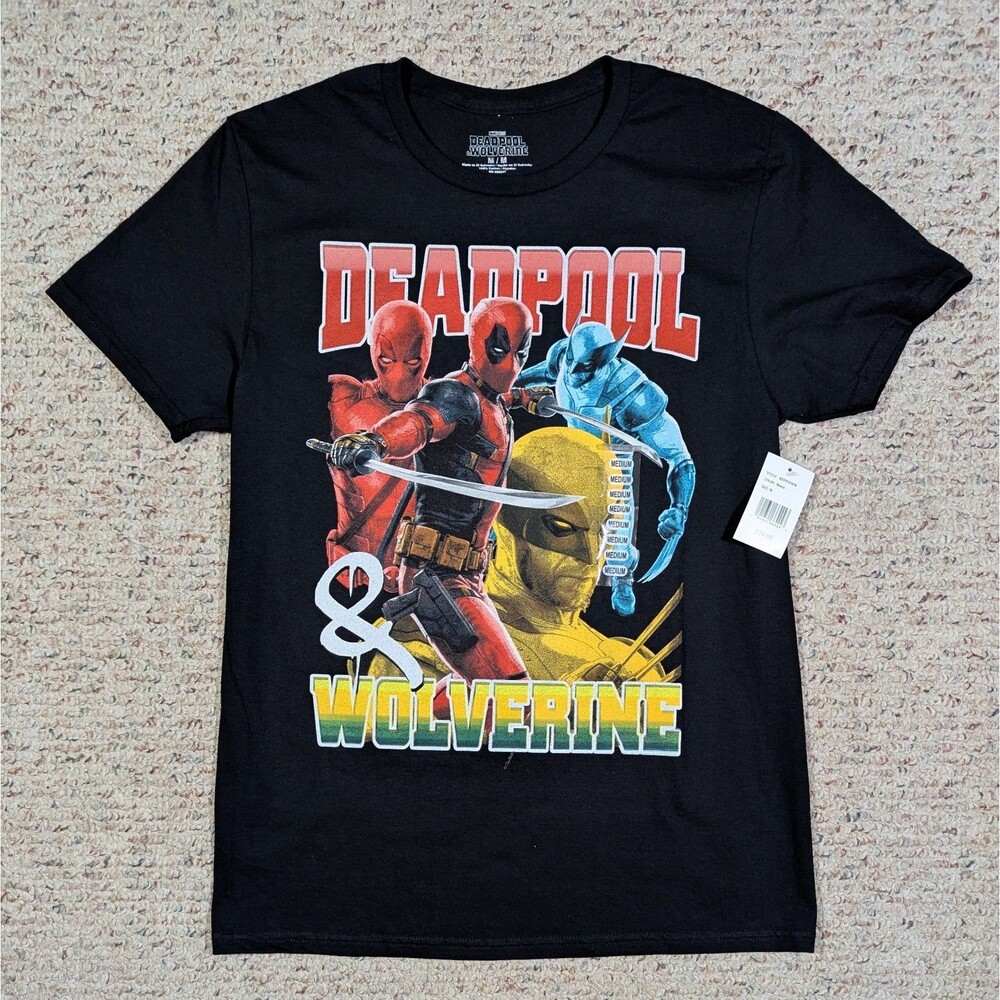 Deadpool & Wolverine Movie T-Shirt Black 2024 Mens MED Graphic Marvel Tee NWT